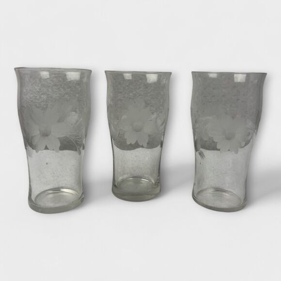 Vintage Juice Glasses | Set of 3 | Clear Etched Floral Tumblers | Flat Bottom - Picture 1 of 9